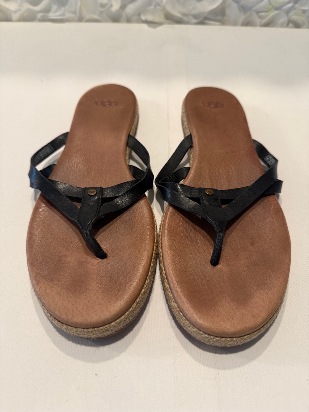 UGG Black Leather Thong Sandals with Brown Footbed